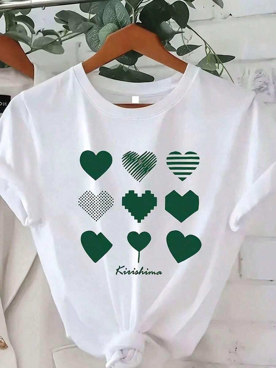 Camiseta de manga corta con cuello redondo para mujer, estampado de corazones verdes, suave y con caída fluida, adecuada para uso diario, oficina, escuela, vacaciones, camping, de estilo versátil, que hace que tu verano sea más vibrante y colorido. - Blanco - Ver 1
