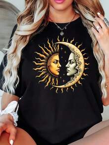 Women's Short-Sleeved T-Shirt With Sun And Moon Print, Casual Black Round Neck T-Shirt, Elastic, Machine Washable, Suitable For Sports And Leisure In Spring/Summer/Autumn. - 黑色 - 查看 1