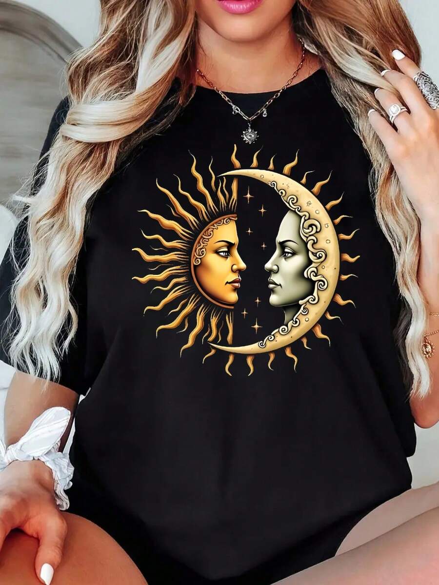 Women's Short-Sleeved T-Shirt With Sun And Moon Print, Casual Black Round Neck T-Shirt, Elastic, Machine Washable, Suitable For Sports And Leisure In Spring/Summer/Autumn. - 黑色 - 查看 1
