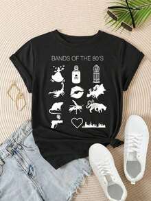 Soft 100% Cotton Women's Short-Sleeved Casual T-Shirt - Summer T-Shirt With A Round Neck, Printed With 80s Band Icons And Symbols, Machine Washable, Ladies' T-Shirts, Casual Wear, Modern Look, Comfortable Fit.
Breathable White Cotton T-Shirt, Goes With Everything And Looks Great. - 黑色 - 查看 2