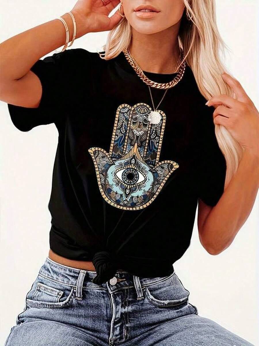 100% Premium Cotton: Unique T-Shirt With A Hamsa Hand Design In A Y2K Style, Ideal For Bohemian Fashion Lovers. Its Black Color Highlights The Beauty Of The Graphic. Perfect For Any Occasion And For Those Looking For Something Different. Made With High-Quality And Comfortable Materials, It Guarantees A Fashionable Look. Soft And Breathable Casual Fashion Clothing For Everyday Wear. - 黑色 - 查看 1