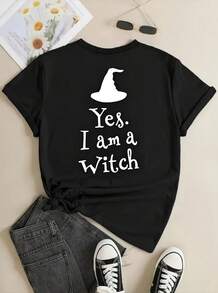 Unisex Short Sleeve Crew Neck T-Shirt In Black With Graphic Print That Says 'Yes, I'm A Witch' – Ideal For Casual Halloween Parties, This Fun T-Shirt Is Made Of 180 Gsm Fabric, Ensuring Durability - 黑色 - 查看 1