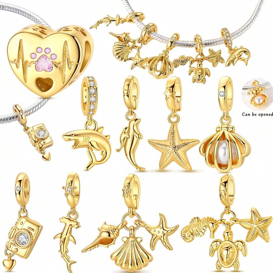 Mặt dây chuyền mạ vàng 18k thuộc bộ sưu tập mùa hè, phù hợp với vòng tay, đính đá CZ, hình dấu chân thú cưng đại dương, máy ảnh, cá mập, cá heo, sao biển, vỏ sò, ba mặt dây chuyền hình sinh vật biển. Món quà hoàn hảo cho phụ nữ và người yêu động vật. - Vàng - Xem 1