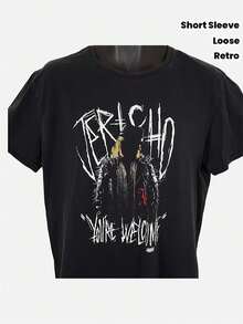 Chris Jericho Men's Wrestling Print T-Shirt - Durable Bandit Jacket With Official Bandit Character Print And Logo. Retro Short Sleeve Loose Fit T-Shirt, Suitable For Extreme Sports Enthusiasts, A Versatile Gift For All Seasons. Style, Outdoor Activities, Street Style, Fashionable, Attractive Weather, Casual Summer Wear, Party Set, Perfect For Vacation & Playtime, Cool. For Party & Family Holidays, Perfect For Daily Wear, Clothing Set & Gift. - 黑色 - 查看 1