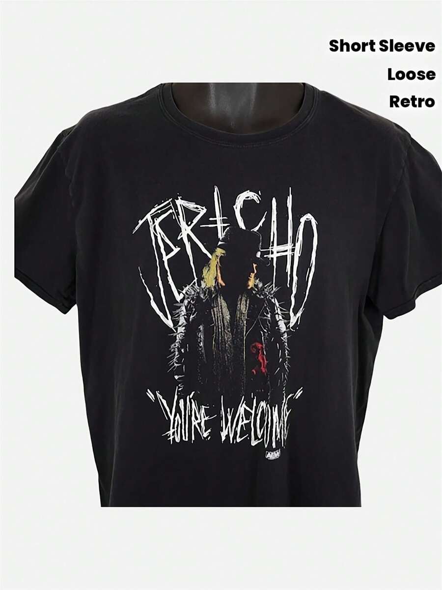 Chris Jericho Men's Wrestling Print T-Shirt - Durable Bandit Jacket With Official Bandit Character Print And Logo. Retro Short Sleeve Loose Fit T-Shirt, Suitable For Extreme Sports Enthusiasts, A Versatile Gift For All Seasons. Style, Outdoor Activities, Street Style, Fashionable, Attractive Weather, Casual Summer Wear, Party Set, Perfect For Vacation & Playtime, Cool. For Party & Family Holidays, Perfect For Daily Wear, Clothing Set & Gift. - 黑色 - 查看 1