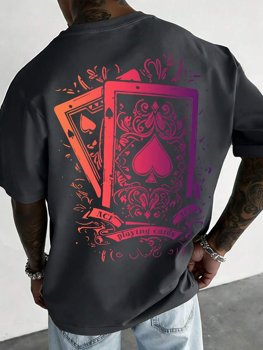 Men's Short Sleeve T-Shirt With Playing Card Print - Black - View 1