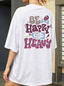 Camiseta de punto casual para mujer con hombros caídos, manga corta y cuello redondo, con estampado gráfico 'Be Happy Lift Heavy' - Fácil de usar, fácil de lavar, fácil de mantener. - Blanco - Ver 3
