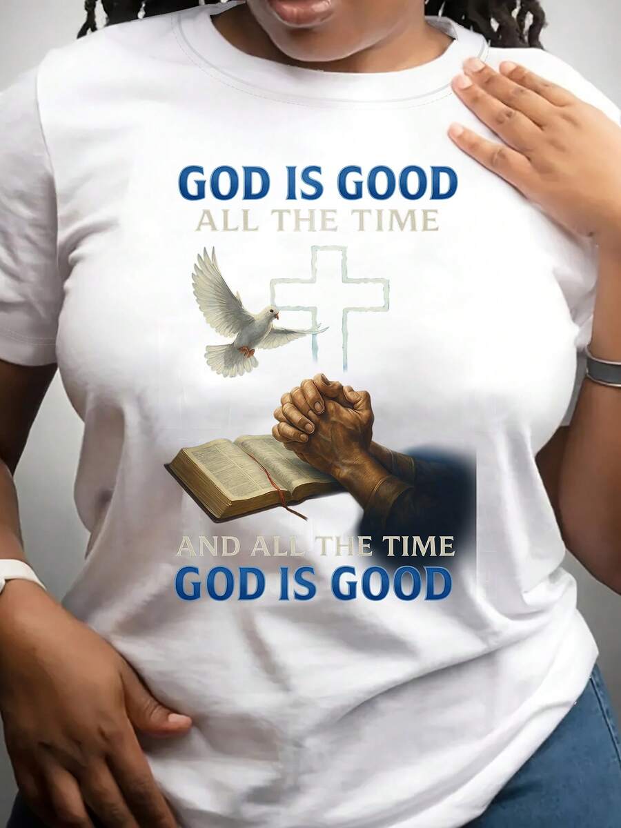 Women's Casual Sports T-Shirt With Christian Dove And Cross Design - White Elastic Round Neck T-Shirt, Machine Washable, Comfortable Fit For All Seasons, Perfect For Daily Wear And Casual Style With Inspirational Message. - 白色 - 查看 1