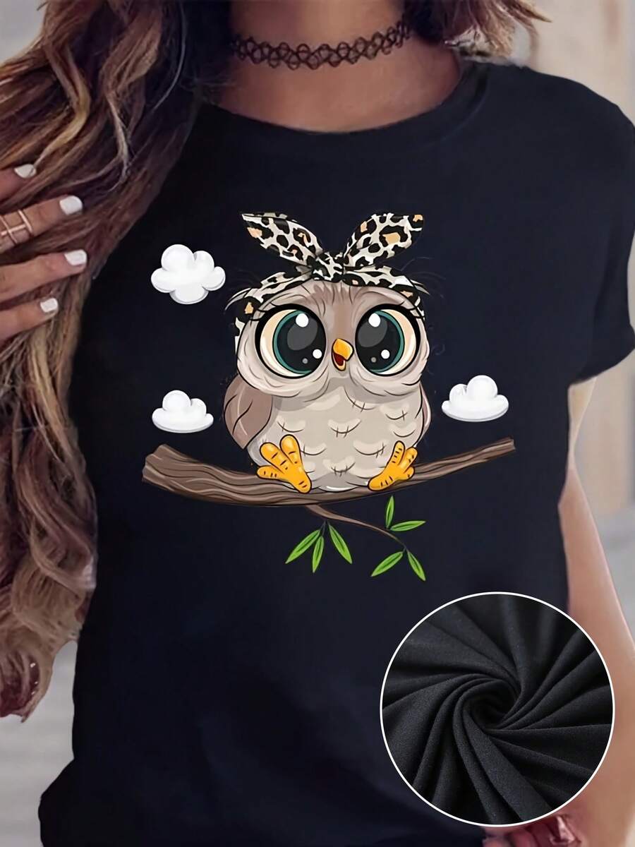 Women's Printed T-Shirt With Fun Cartoon Owl And Leopard Scarf - Casual Short Sleeve Crew Neck T-Shirt, Relaxed Fit For All Seasons, Perfect For Daily Wear And Holidays (Machine Washable) - Black T-Shirt. - 黑色 - 查看 1
