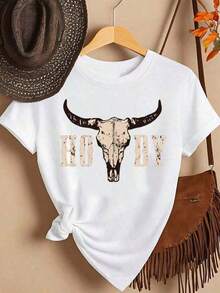 Women's Athletic T-Shirt With Bull Skull And Howdy Print, Western Cowboy Style - Casual Short Sleeve Crew Neck T-Shirt With Fringe Print, All-Season Comfort For Western Theme Parties And Casual Wear (Machine Washable), Spring Fit, Summer Fashion, Durable Print, Lightweight Fabric, Printed T-Shirt, For Festival Lovers | Relaxed Fit | Plus Size Graphic Tees For Women, Summer Clothing, Graphic Tees For Men, Breathable And Comfortable - 白色 - 查看 1