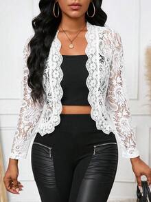 Lady Chaqueta elegante y casual con volantes de encaje para uso diario, para otoño - Blanco - Ver 1