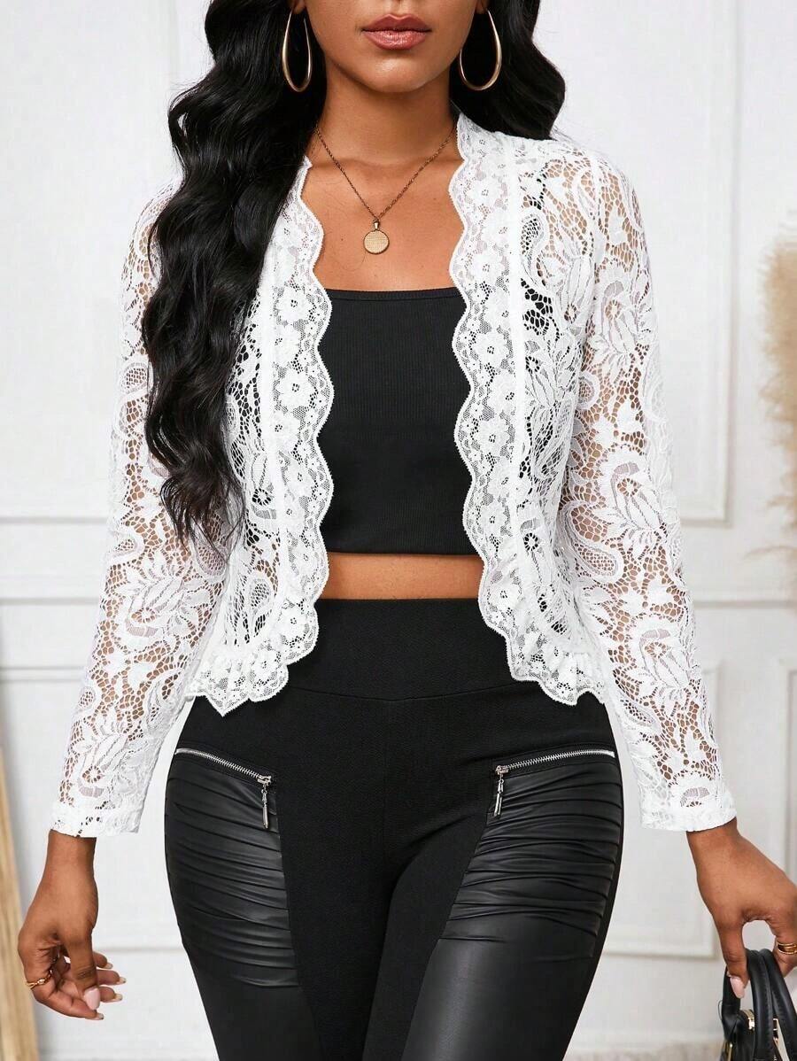 Lady Chaqueta elegante y casual con volantes de encaje para uso diario, para otoño - Blanco - Ver 1