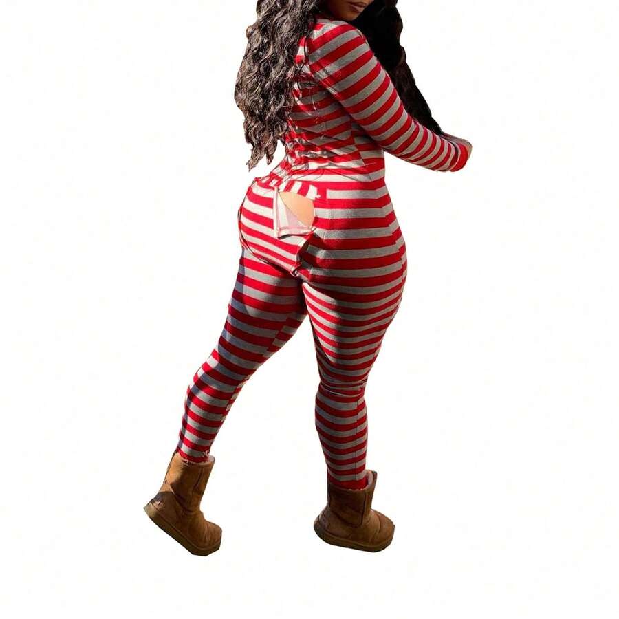 Womens Deep V Neck One Piece Pajamas Pants Long Sleeve Bodycon Butt Flap Jumpsuits Rompers Overall Home Wear Outfit - Màu Hồng San hô - Xem 1