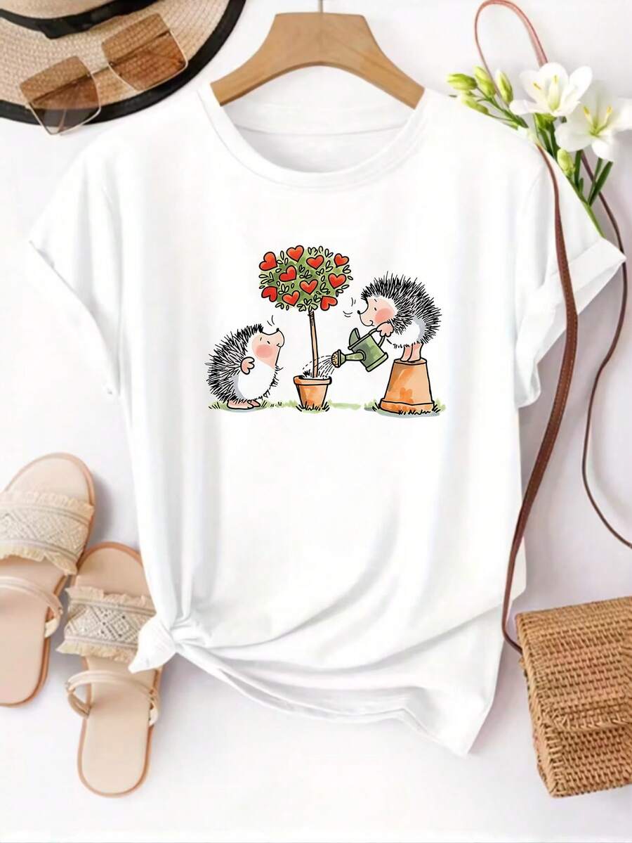 Short-Sleeved T-Shirt With A Print Of Two Small Hedgehogs Planting Trees, Round Neck Top For Women, Casual T-Shirt, Suitable For Daily Wear In Spring/Summer, Women's Clothing. - 白色 - 查看 1