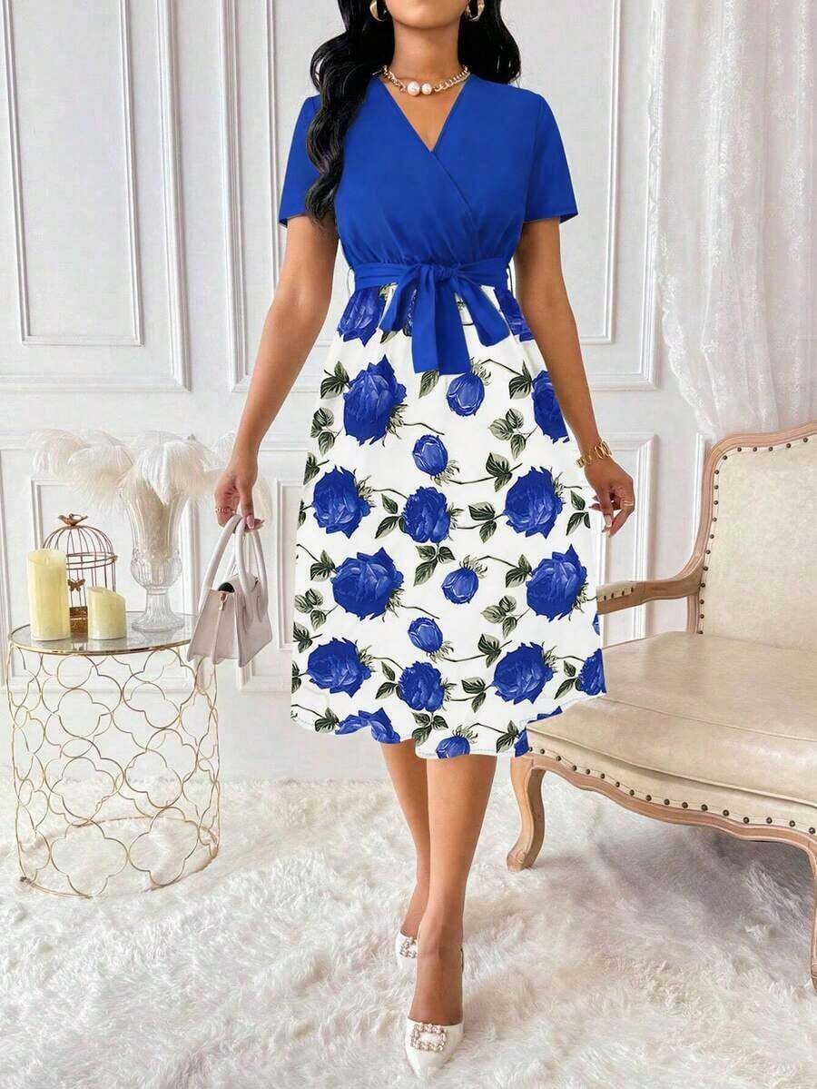 Vestido de mujer con cuello en V y cinturón, manga corta, vestido largo de verano para mujer - Azul - Ver 1