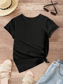 Camiseta de manga corta y cuello redondo para mujer, holgada, con estampado de avión con forma de corazón, ideal para el verano y un estilo casual - Negro - Ver 2
