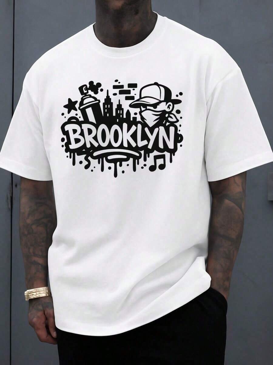 Brooklyn Graffiti T-Shirt For Men, High Quality White, Urban Hip-Hop Style, Casual Sportswear, Crew Neck, Regular Fit, Short Sleeve, Machine Washable, Perfect For Outdoor Activities In All Seasons - 白色 - 查看 1