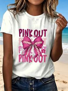 Pink Out Football Bow T Shirt With Fashion Design Cute Style Perfect For Breast Cancer Awareness Events And Fundraisers Great Gift For Women And Girls - Blanco - Ver 1