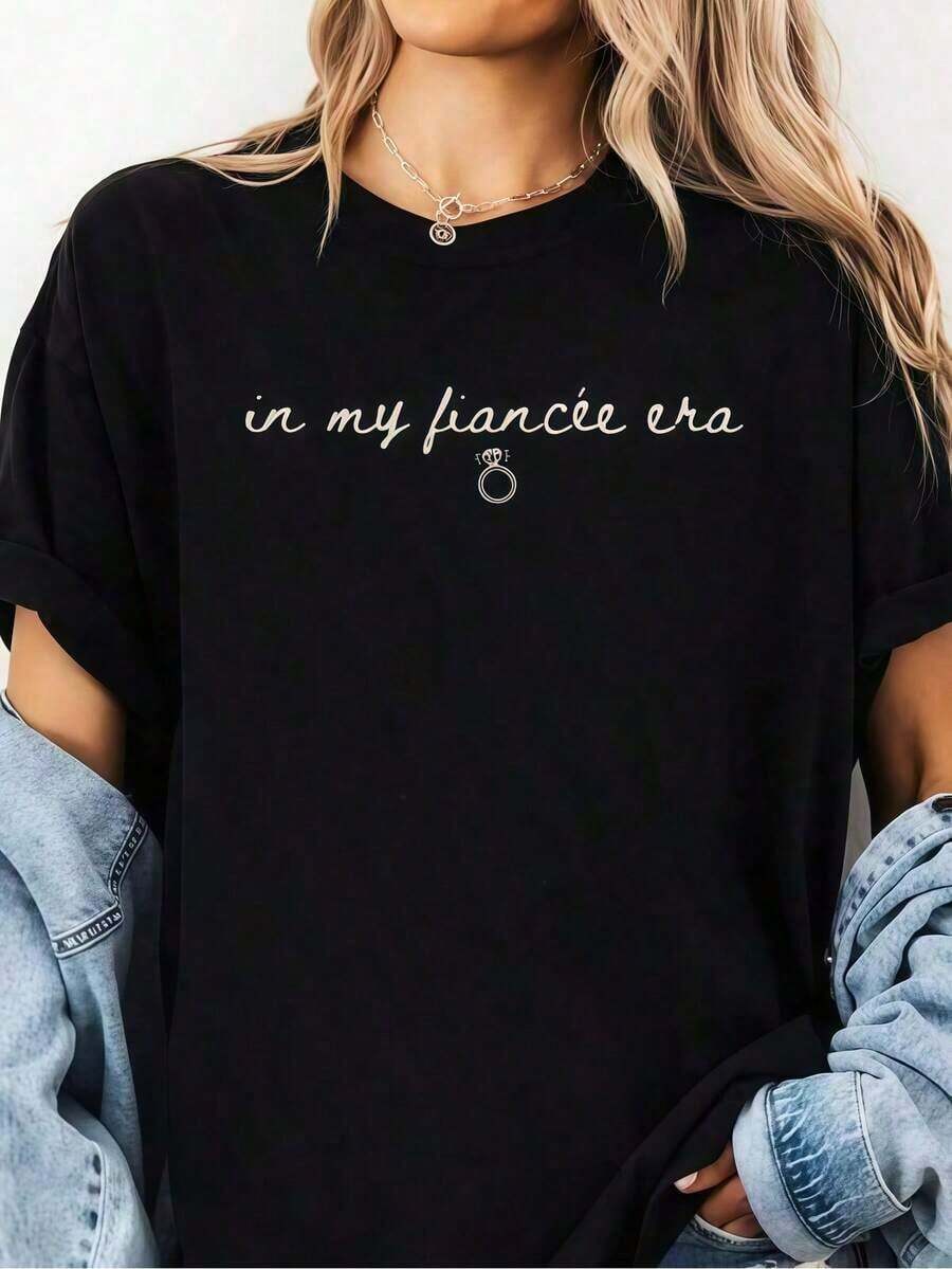 1 pieza de ropa de mujer, camiseta negra con estampado de anillo de compromiso, camisetas, top blanco, camisetas gráficas para mujer, camiseta unisex casual de cuello redondo, tela ligera, lavable a máquina, para primavera/verano/otoño, Día de San Valentín, despedida de soltera, compromiso, 180g, 100% algodón. - Negro - Ver 1