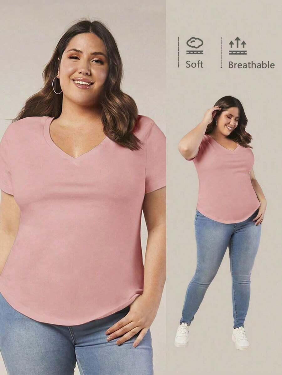 BASICS Camiseta casual versátil de manga corta y cuello en V de talla grande para mujer - Rosa - Ver 1