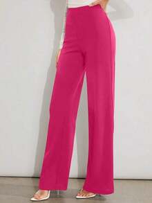 Pantalones de pierna ancha unicolor de talle alto - Rosa Fucsia - Ver 4