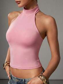 Top de tirantes ajustado y corto de color liso casual para mujer - Rosa - Ver 4