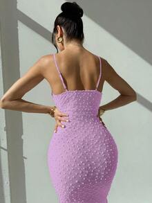 Elegante vestido largo ajustado con escote drapeado de tirantes tipo espagueti, con detalle de pliegues y abertura, de color azul, ideal para citas, bodas, primavera/verano - Morado Violeta - Ver 2