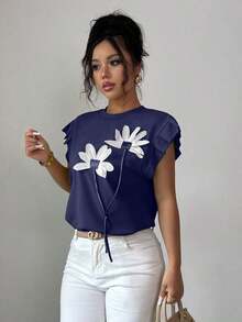 Camiseta de mujer con flores tridimensionales lindas y contrastantes para verano y otoño - Azul marino - Ver 4