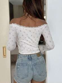 Camiseta ajustada para mujer con hombros descubiertos, con encaje y lazo de contraste, manga larga, top con hombros descubiertos - Marrón - Ver 2