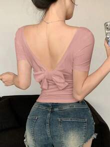 Camiseta de moda ajustada de manga corta con diseño de lazo en la espalda y unicolor, Blusa morada, Blusa tipo halter - Rosa - Ver 6