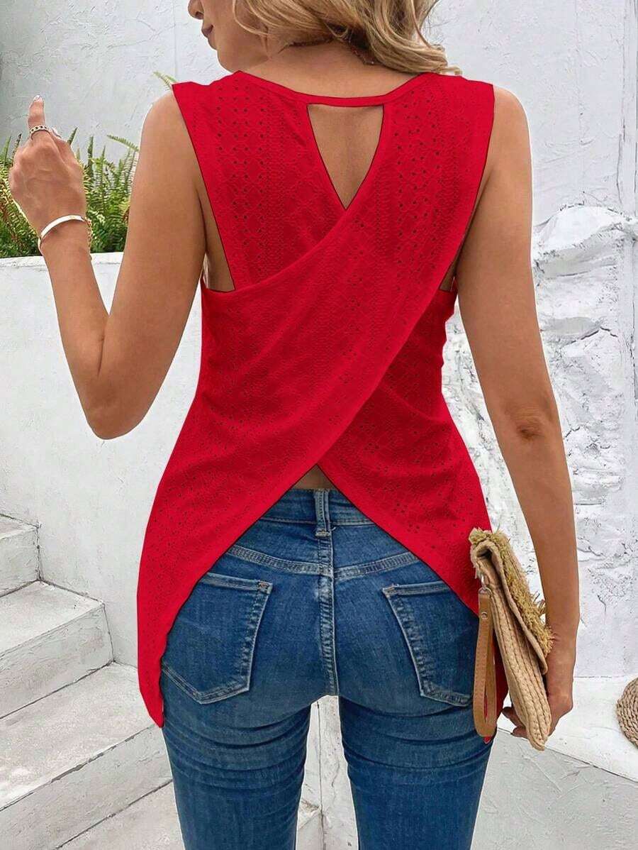 Top informal de tirantes para mujer de unicolor con escote redondo y espalda cruzada, para vestimenta de Año Nuevo - Rojo - Ver 1