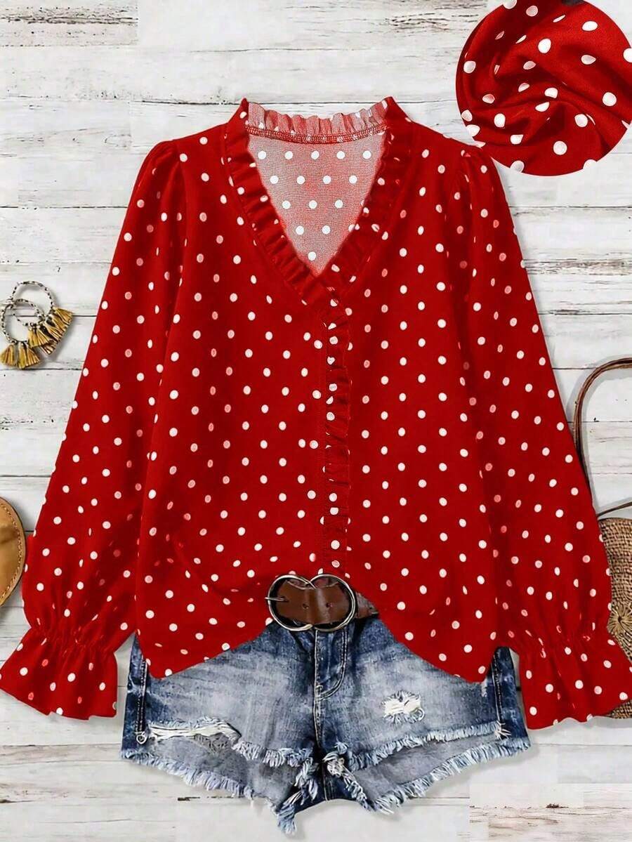 Camisa casual de manga larga con volantes y lunares de gasa, de talla grande, color marrón, adecuada para el ocio y las vacaciones de verano - Rojo - Ver 1