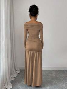 Vestido de punto ajustado de manga larga con hombros descubiertos, elegante y vintage, adecuado para otoño/invierno, Halloween - Caqui - Ver 2
