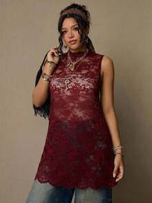 Freevana Blusa sin mangas con estampado floral vintage bohemio y encaje, talla grande, nueva llegada de primavera, adecuada para el Día de San Valentín, festivales de música - Burdeos - Ver 4
