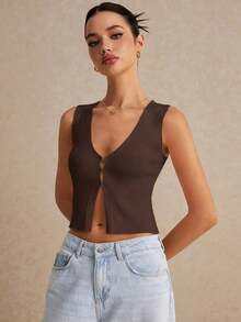 Chaleco de punto de un solo pecho con cuello en V de unicolor, para mujer, para usar en la escuela en otoño/invierno - Café integral - Ver 5