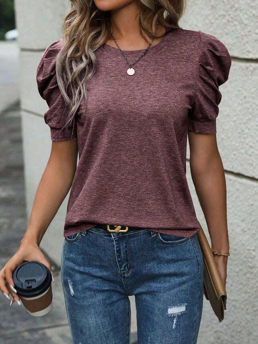 Selamara Camiseta casual de verano para mujer, de unicolor, cuello redondo y manga abullonada - Burdeos - Ver 1