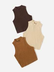 Top de tanque casual sólido de cuello redondo acanalado para el verano - Multicolor 7 - Ver 3
