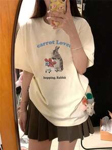 Limited Time Offer, Limited Quantity Available, Lightning , Women's Shirts, Women's T-Shirts, Casual Daily New Release, 1pc Y2K Blue Letter Rabbit Pattern Printed Short Sleeve T-Shirt For Women, New Summer Fashion Versatile Loose Round Neck Y2K Top Graphic Tees - 白色 - 查看 3