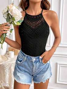 Frenchy Top sin mangas ajustado con cuello de halter y encaje de contraste para vacaciones de mujer - Negro - Ver 4