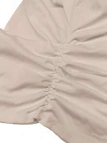 Camiseta blanca básica, casual y sencilla con cuello en V, manga corta, ajustada, con fruncido lateral, acanalada y elástica para mujeres, para el verano - Gris - Ver 7