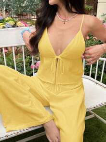 2 piezas de top de tirantes y pantalones de lino de verano para mujeres - Amarillo - Ver 2