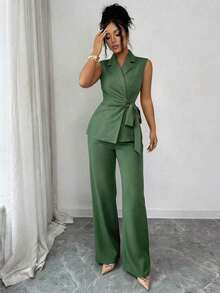 Conjunto elegante y romántico de blazer y corbata de moño para vacaciones y oficina para mujeres - Verde Oscuro - Ver 4