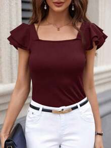 Camiseta casual de mujer de verano con cuello cuadrado, manga corta con volantes y unicolor - Rosa Roja - Ver 3