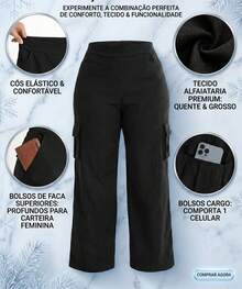 Wide Leg Plus Size Winter High Waist New Release Cold Autumn Elegant Palazzo Pants With Side Pockets Cargo Butt Lifting Premium Tailoring Sizes 46 To 56 - 黑色 - 查看 10