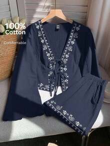 Conjunto de blusa con amarre al frente y shorts con estampado de anacardo para mujer, en estilo bohemio - Azul marino - Ver 5