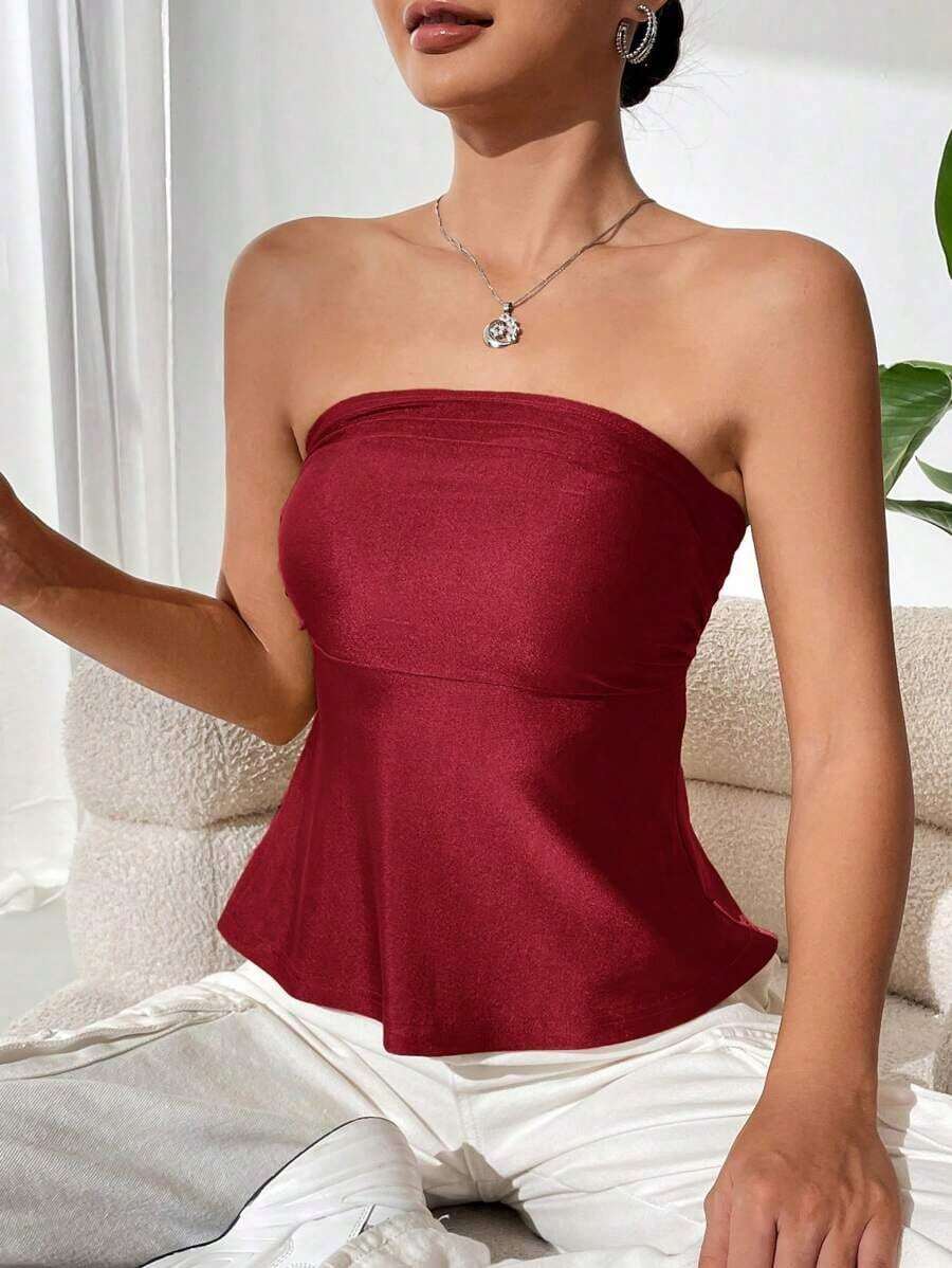 Top bandeau plisado de unicolor para vacaciones de mujer - Burdeos - Ver 1