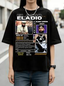 Puerto Rican Rapper Eladio Carri%25C3%25B3n Retro Magazine Style Graphic Cotton Summer T-Shirt - 黑色 - 查看 6
