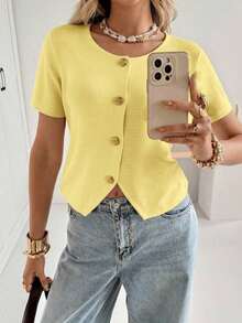 Cárdigan casual de mujer de manga corta, cuello redondo, con botones delanteros, de unicolor y delgado - Amarillo - Ver 1