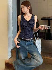 Blusa elegante sin mangas con lazo y lunares, estilo coreano para mujer - Azul marino - Ver 3