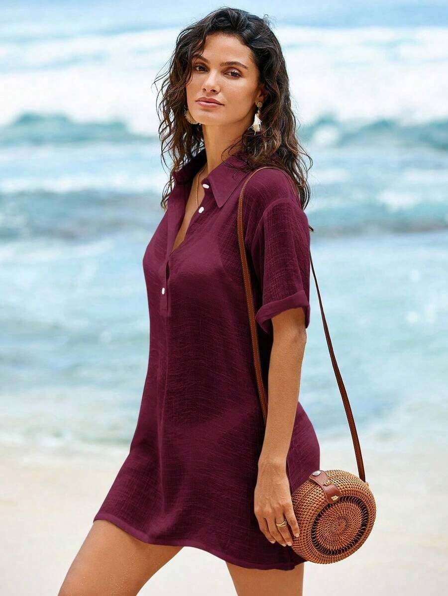Conjunto de ropa de playa para mujer- Vestido de baño con cuello en V sin mangas como cobertor casual de playa - Burdeos - Ver 1